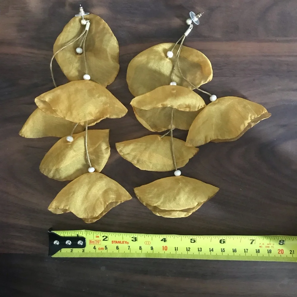 Handmade Organza Petal Pearl Drop Duster Earrings in Mustard Yellow 6.5 inches
